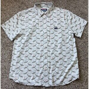 Burlebo Performance Button Up Shirt Mens XL White Fish Print Fishing